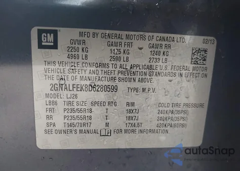 2013 Chevrolet Equinox Ltz z USA, uszkodzony, nr VIN 2GNALFEK8D6280599